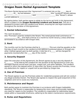 Room Rental Agreement Document for Oregon State