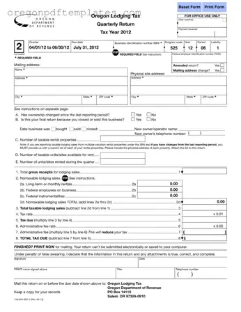 Blank State Of Oregon Lodging Tax Form