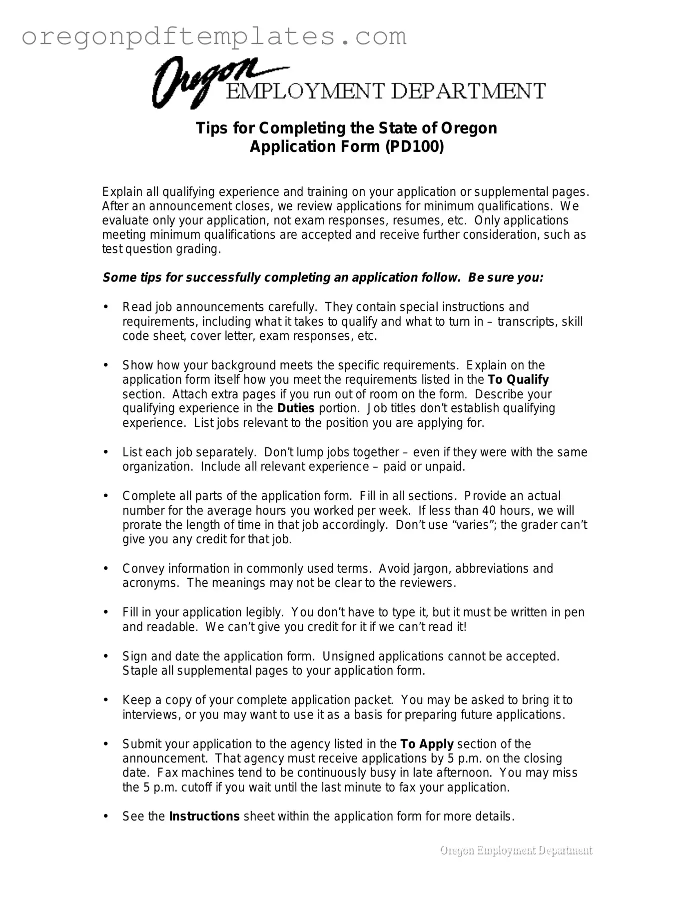 Blank State Of Oregon Jobs Form