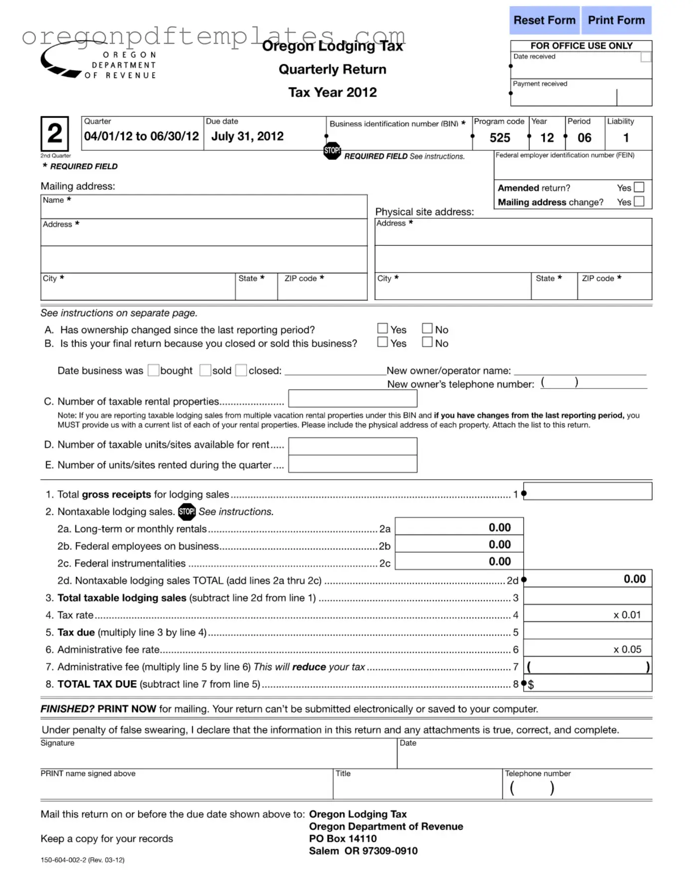Blank State Of Oregon Lodging Tax Form