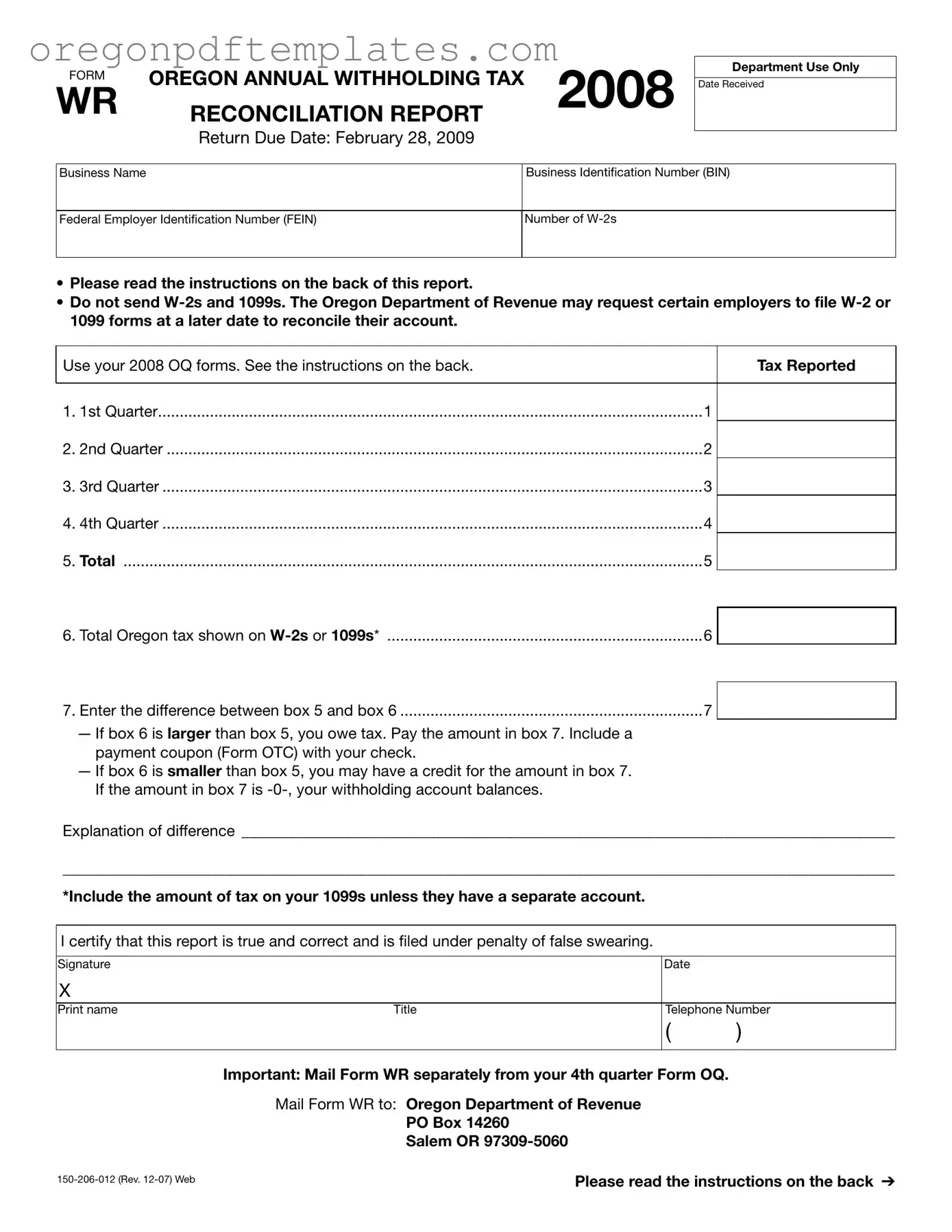 Blank Wr Oregon Form